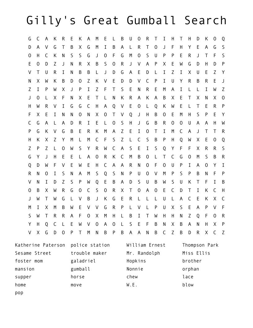 Gilly's Great Gumball Search Word Search