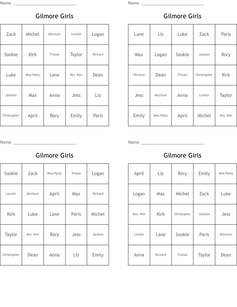 Gilmore Girls Bingo Cards