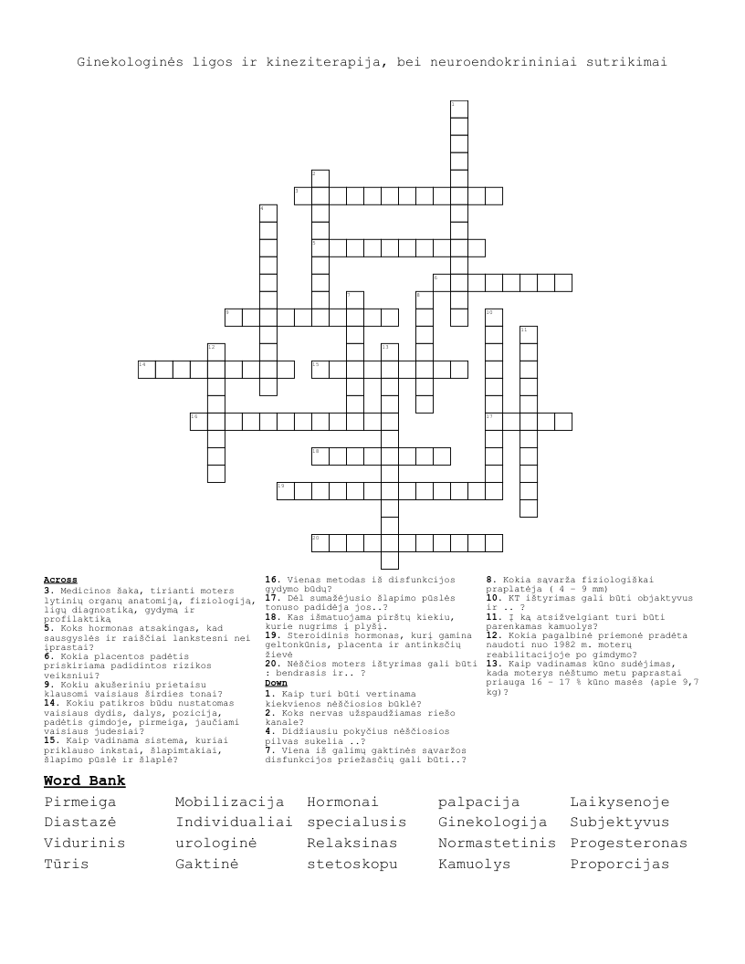 Ginekologinės ligos ir kineziterapija, bei neuroendokrininiai sutrikimai Crossword
