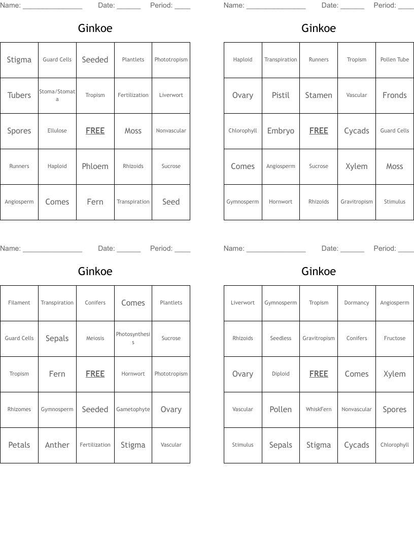 Ginkoe Bingo Cards