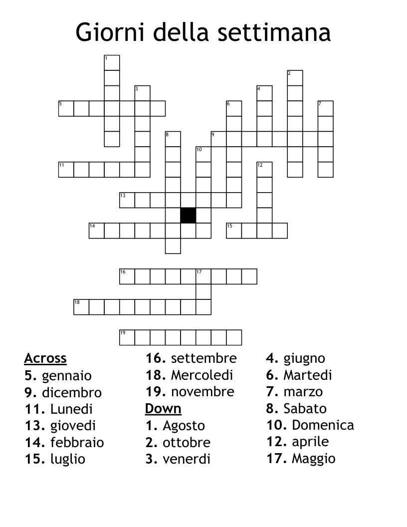 Giorni della settimana  Crossword