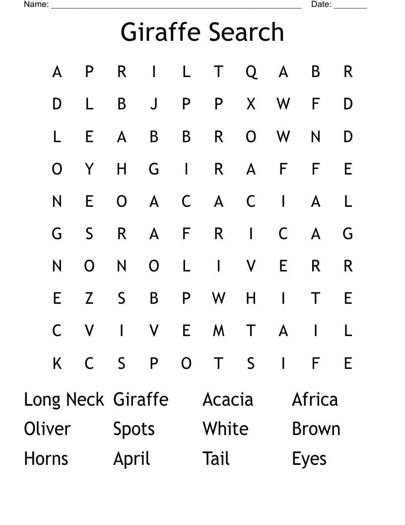 Giraffe Search Word Search