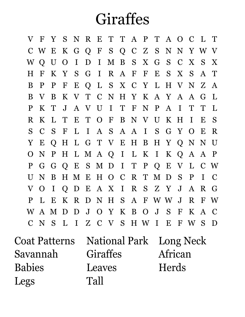 Giraffes Word Search