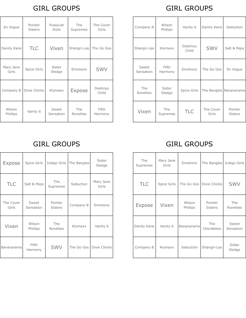 GIRL GROUPS Bingo Cards