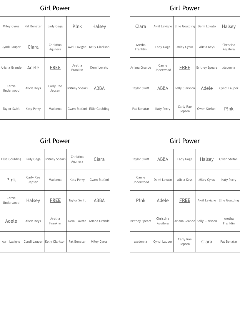 Girl Power  Bingo Cards