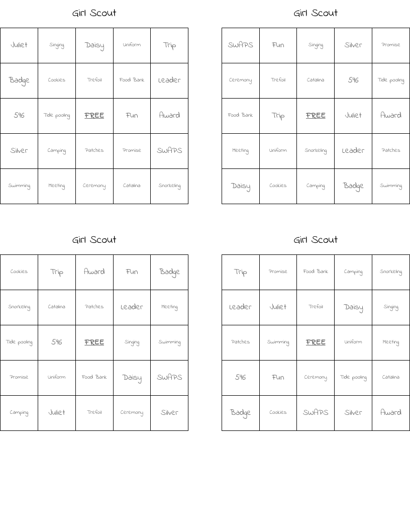 Girl Scout Bingo Cards