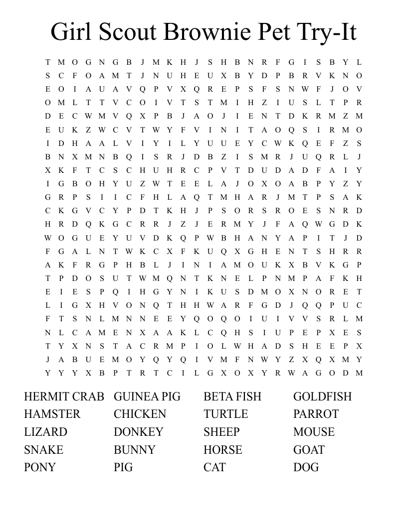 Girl Scout Brownie Pet  Try-It Word Search