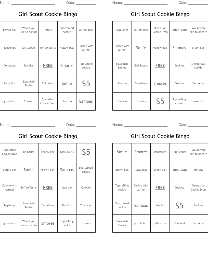 Girl Scout Cookie Bingo