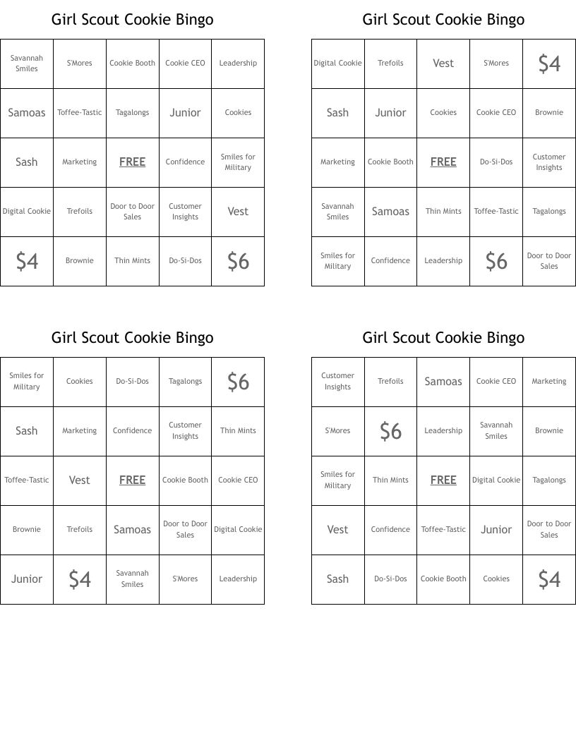 Girl Scout Cookie Bingo