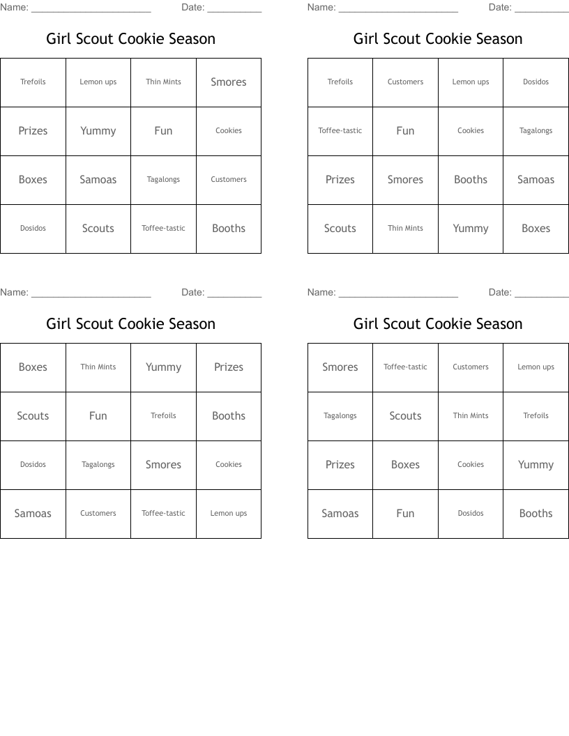 Girl Scout Cookie Season Bingo Cards