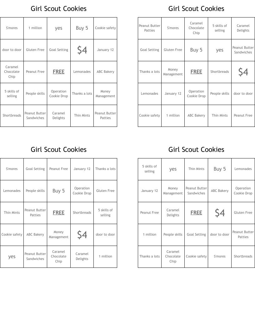 Girl Scout Cookies Bingo Cards