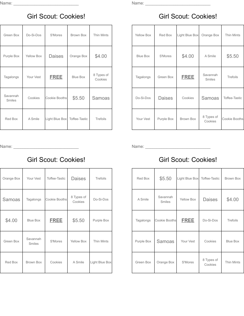 Girl Scout: Cookies! Bingo Cards