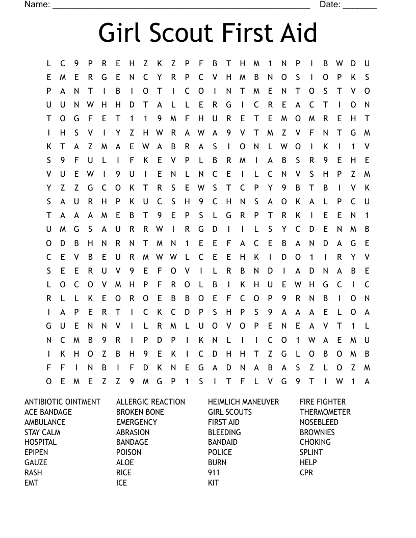 Girl Scout First Aid Word Search