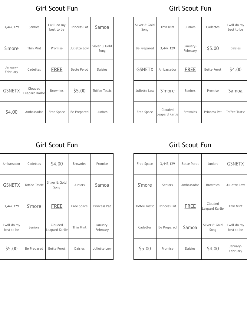 Girl Scout Fun Bingo Cards