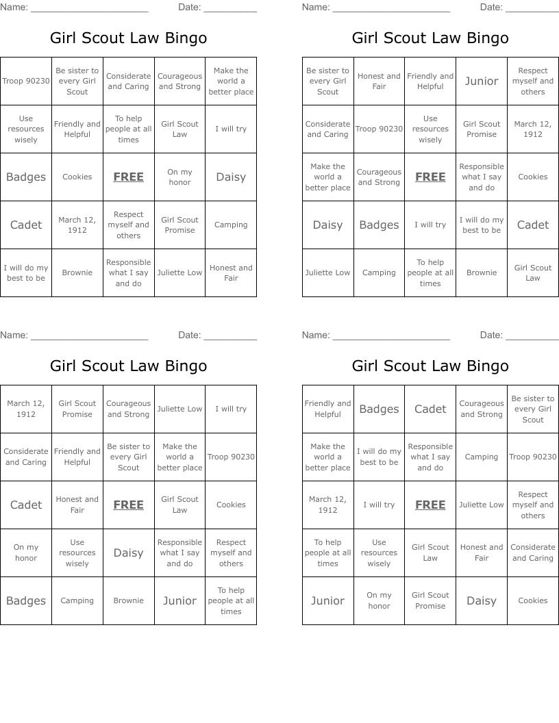 Girl Scout Law Bingo