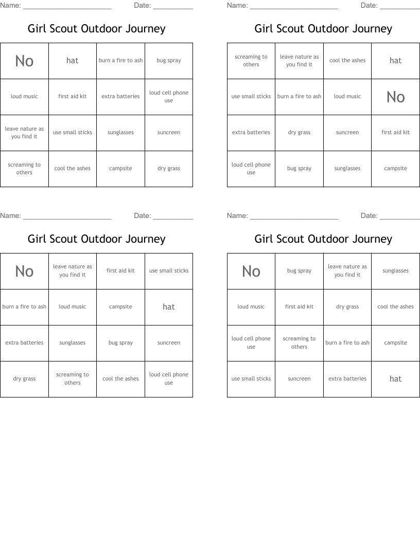 Girl Scout Outdoor Journey Bingo Cards