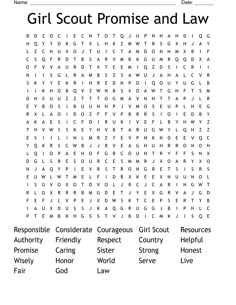 Girl Scout Promise and Law Word Search