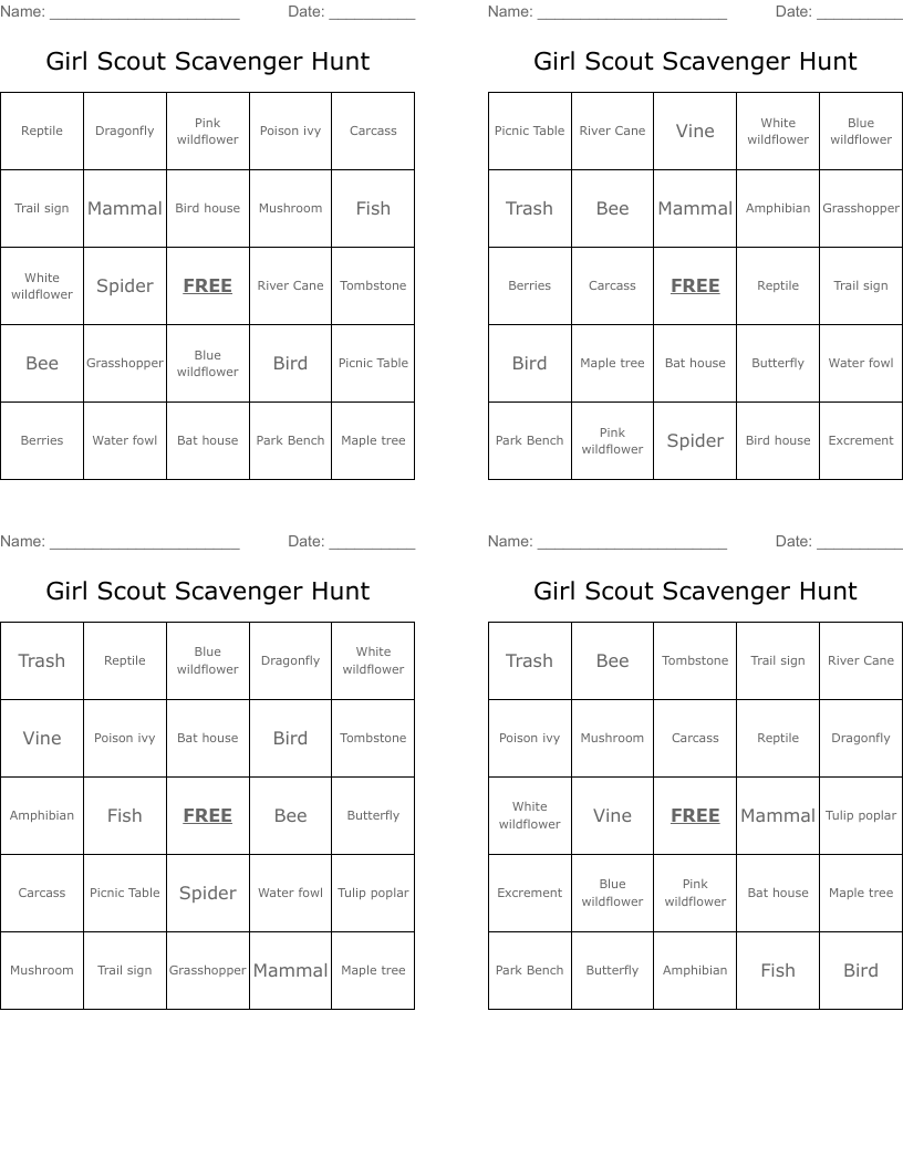 Girl Scout Scavenger Hunt  Bingo Cards
