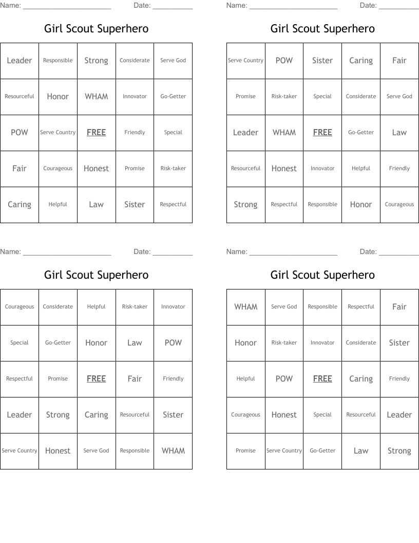 Girl Scout Superhero Bingo Cards