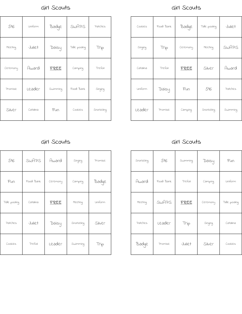 Girl Scouts Bingo Cards