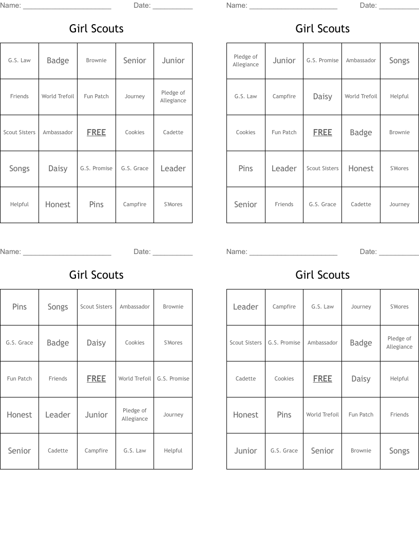 Girl Scouts Bingo Cards