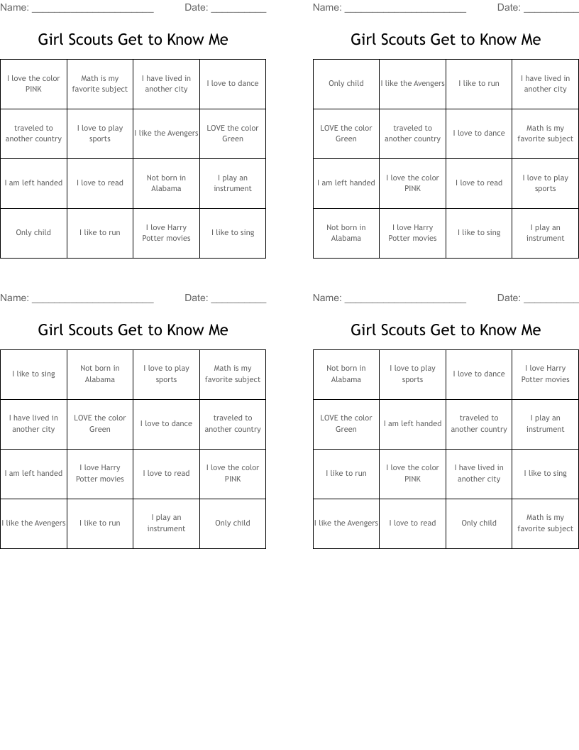 Girl Scouts Get to Know Me Bingo Cards