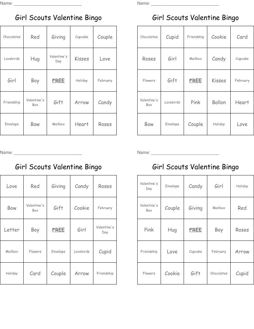 Girl Scouts Valentine Bingo 