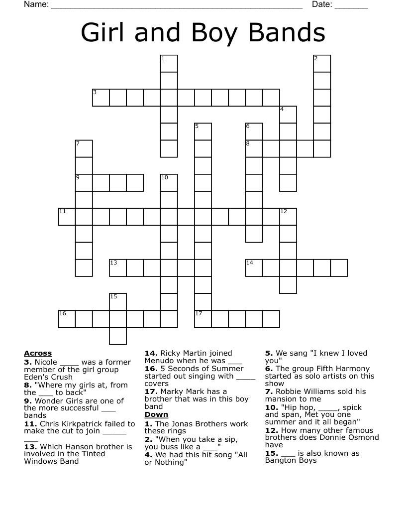 Girl and Boy Bands Crossword