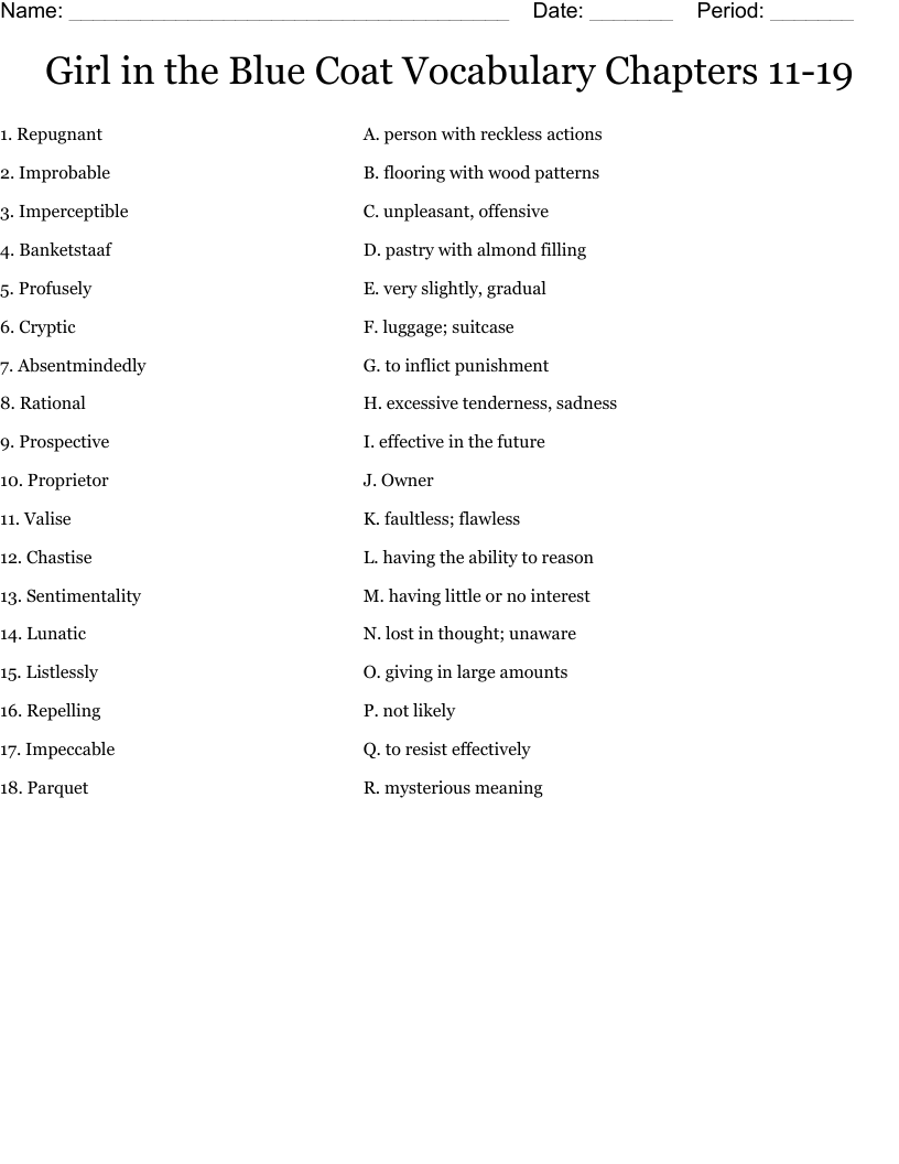 Girl in the Blue Coat Vocabulary Chapters 11-19 Worksheet
