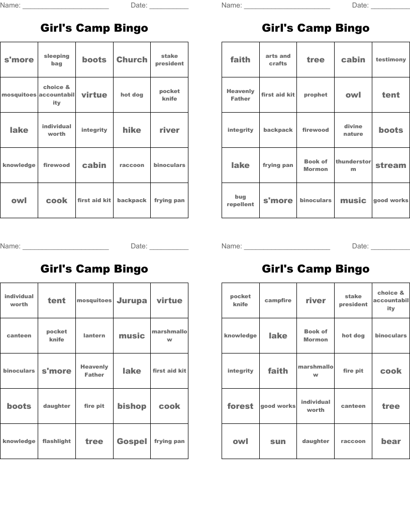 Girl's Camp Bingo