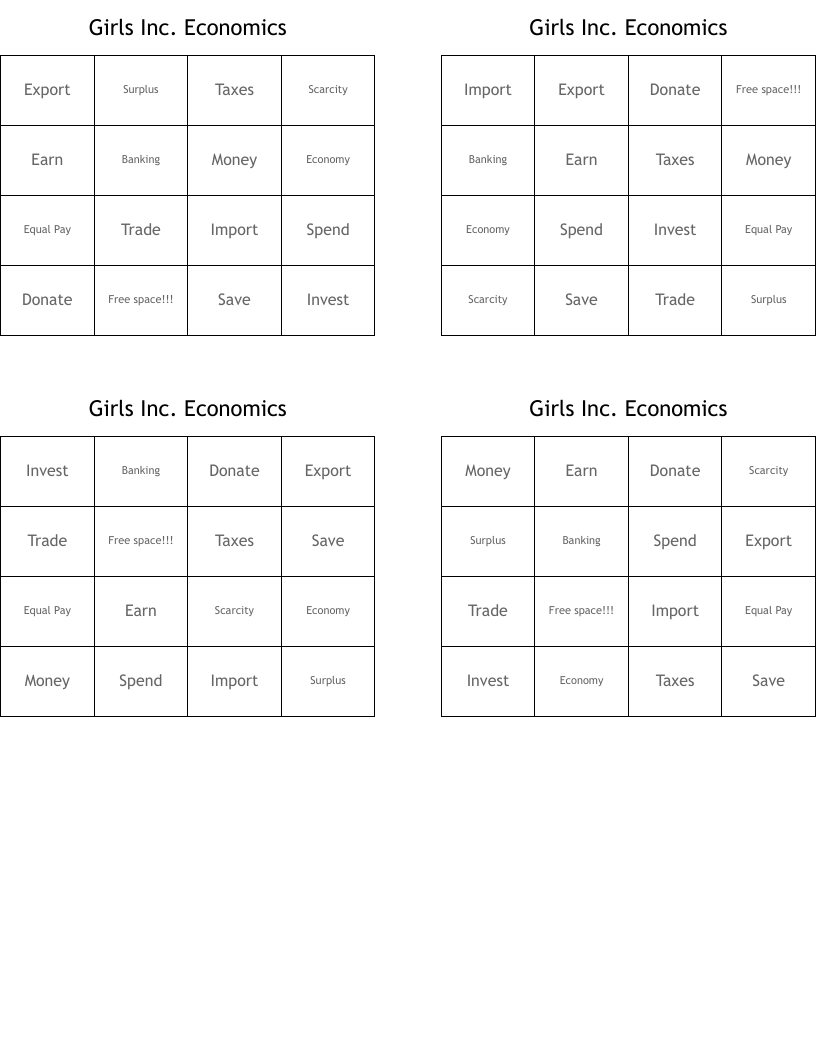 Girls Inc. Economics  Bingo Cards