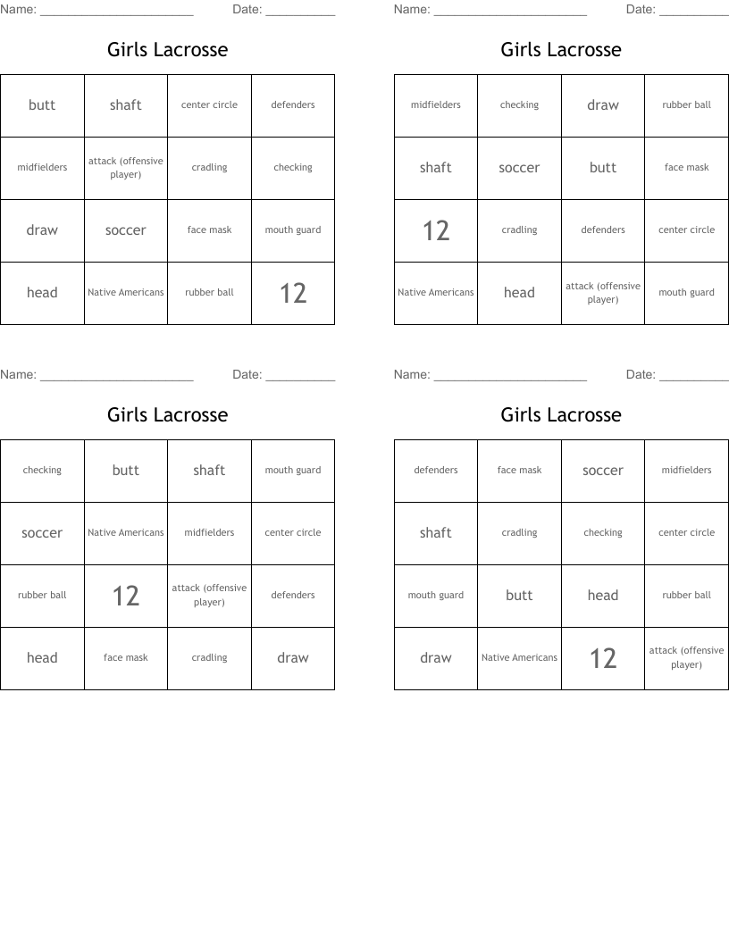Girls Lacrosse Bingo Cards