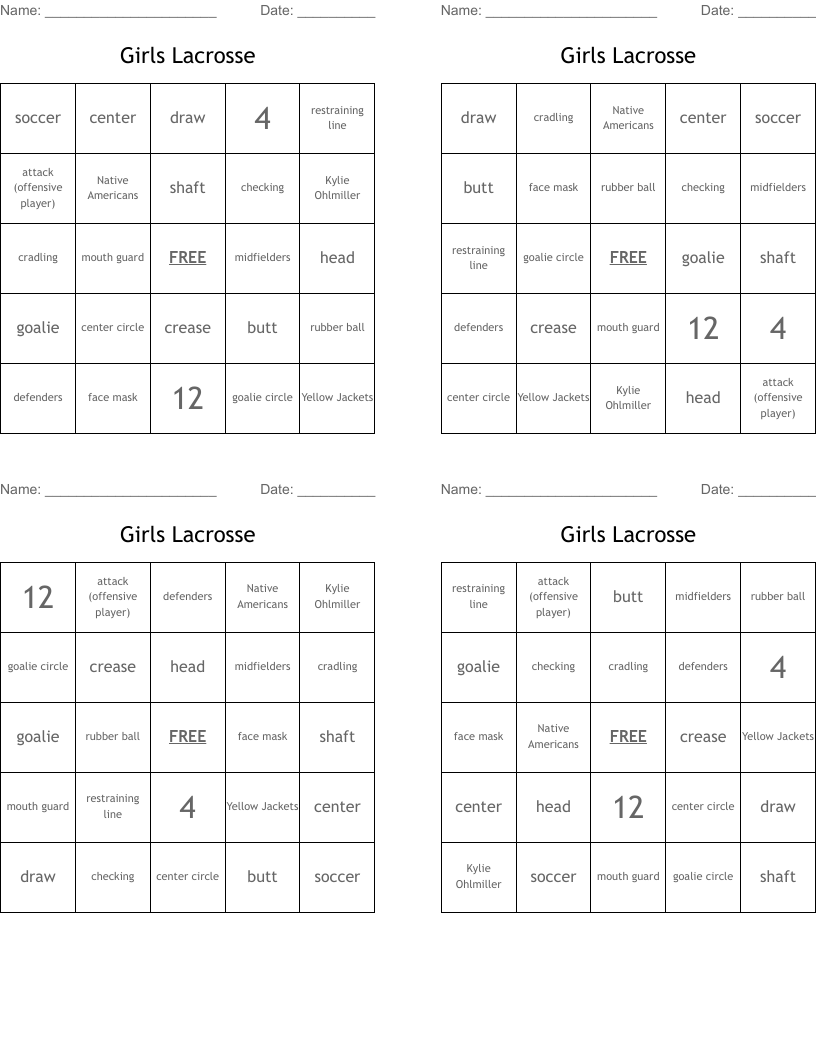 Girls Lacrosse Bingo Cards