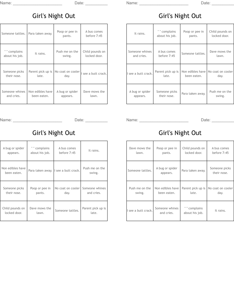 Girl's Night Out Bingo Cards