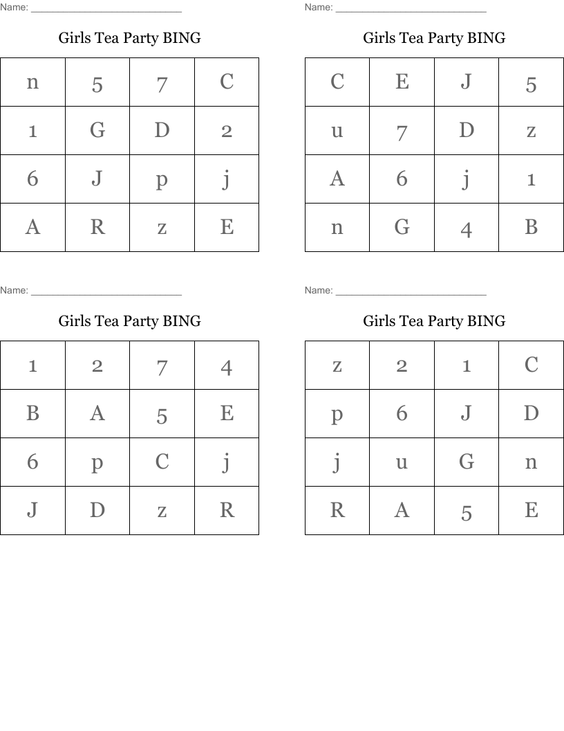 Girls Tea Party BING Bingo Cards