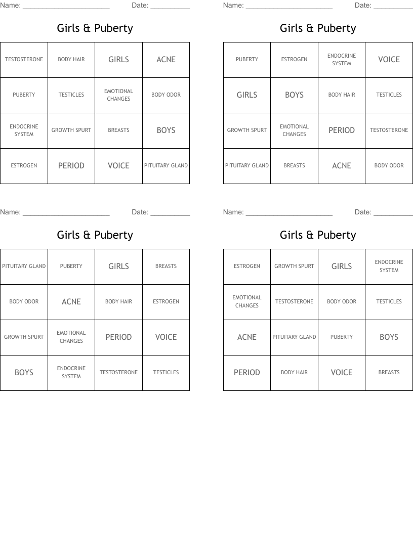 Girls & Puberty Bingo Cards