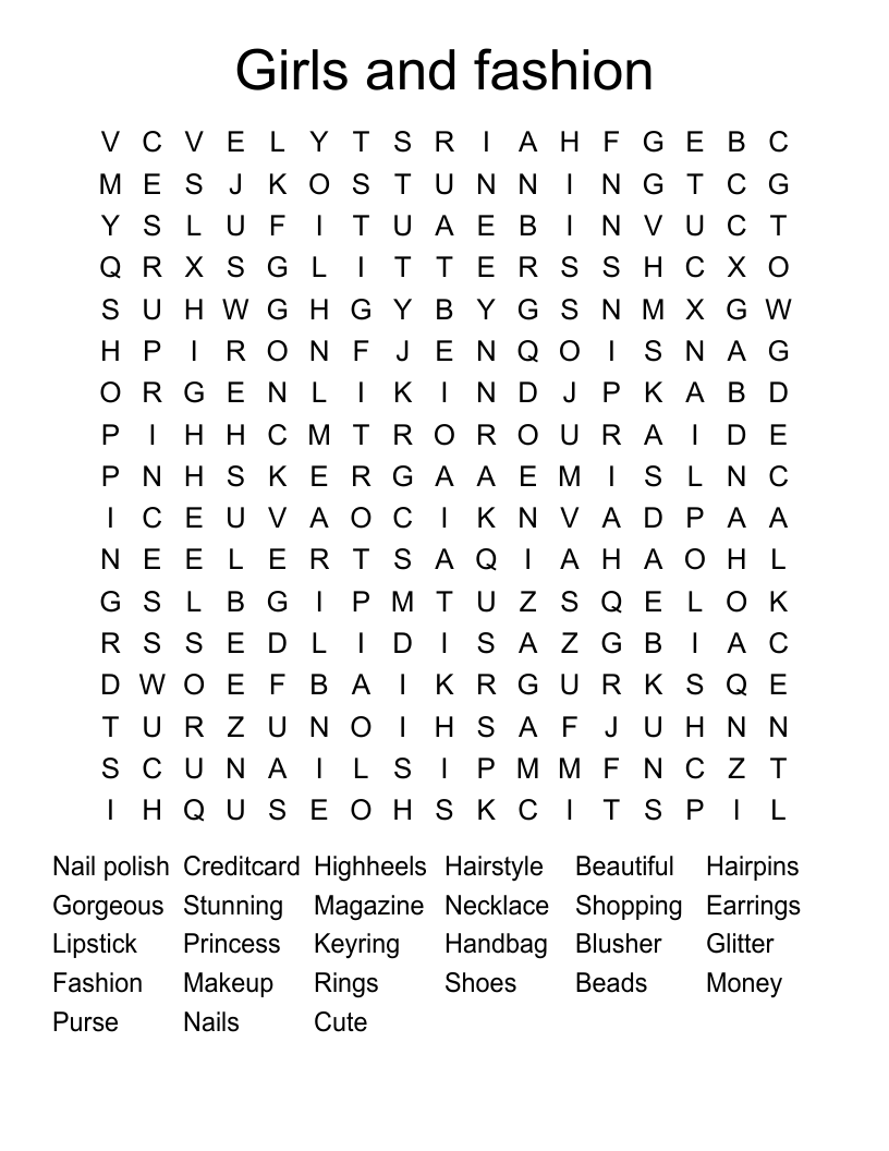 Girls and fashion Word Search