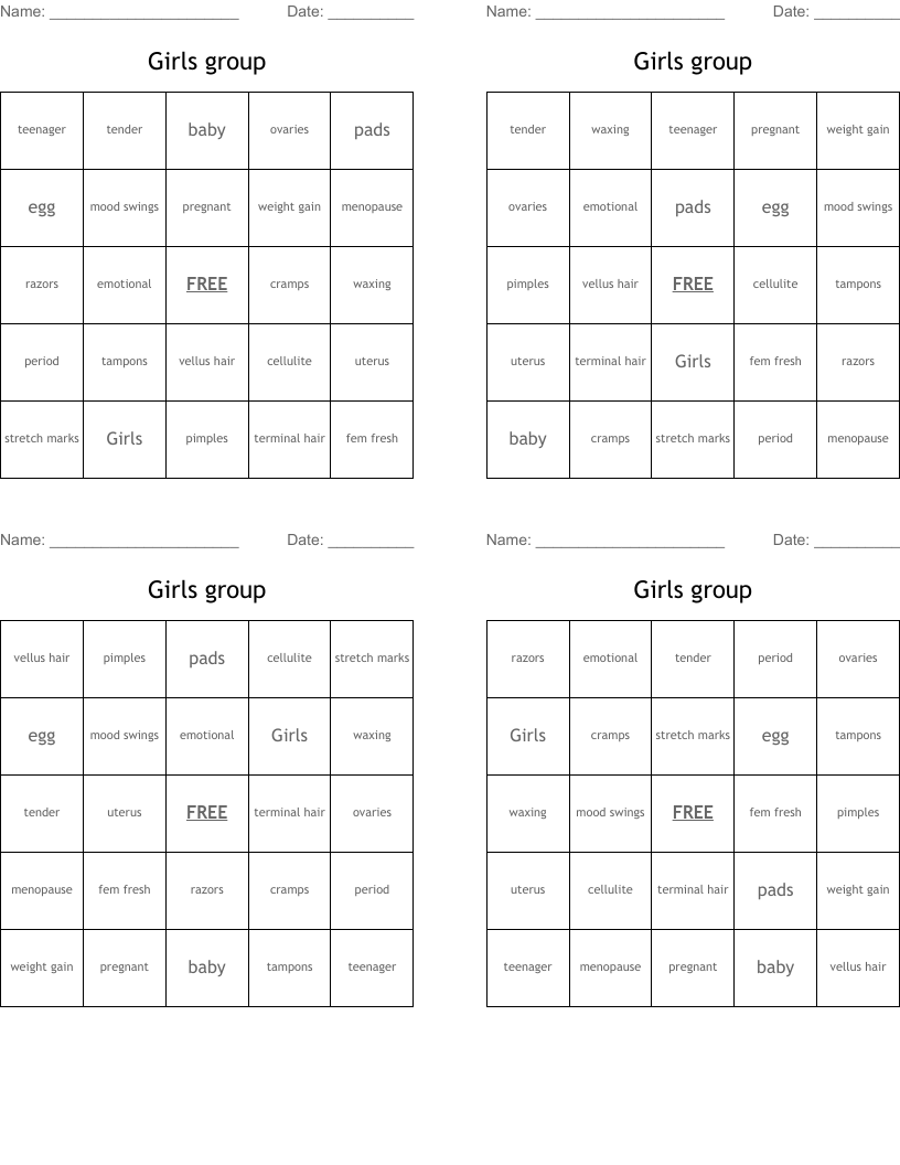 Girls group  Bingo Cards