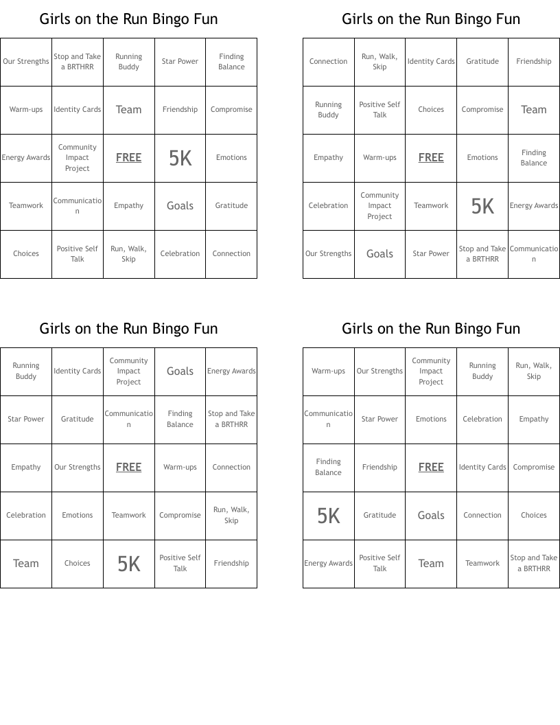 Girls on the Run Bingo Fun