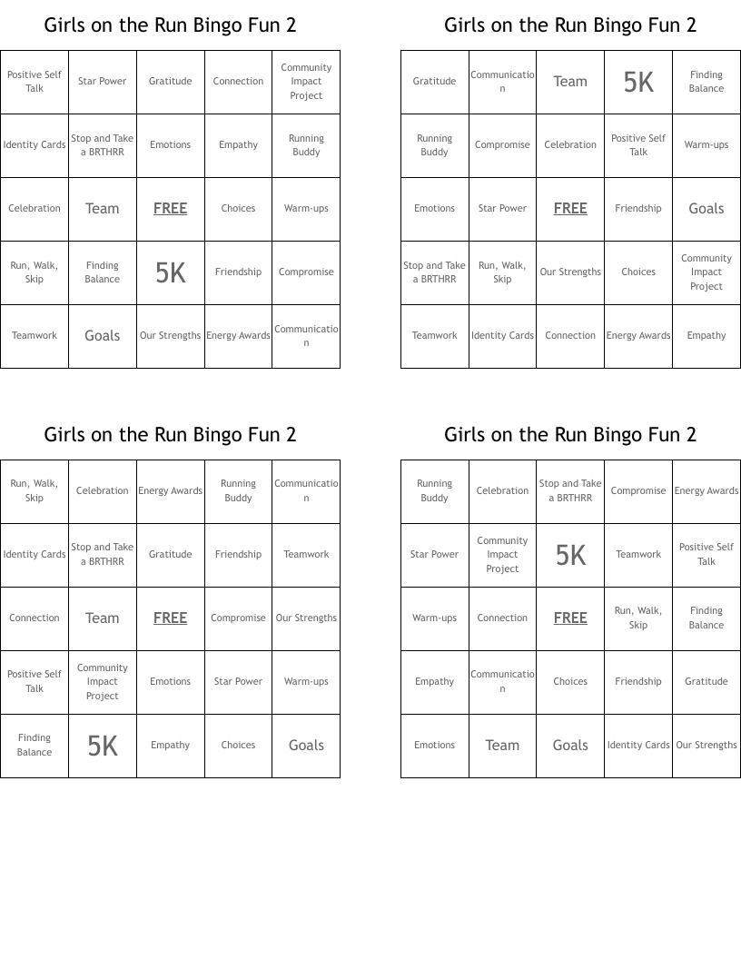 Girls on the Run Bingo Fun 2