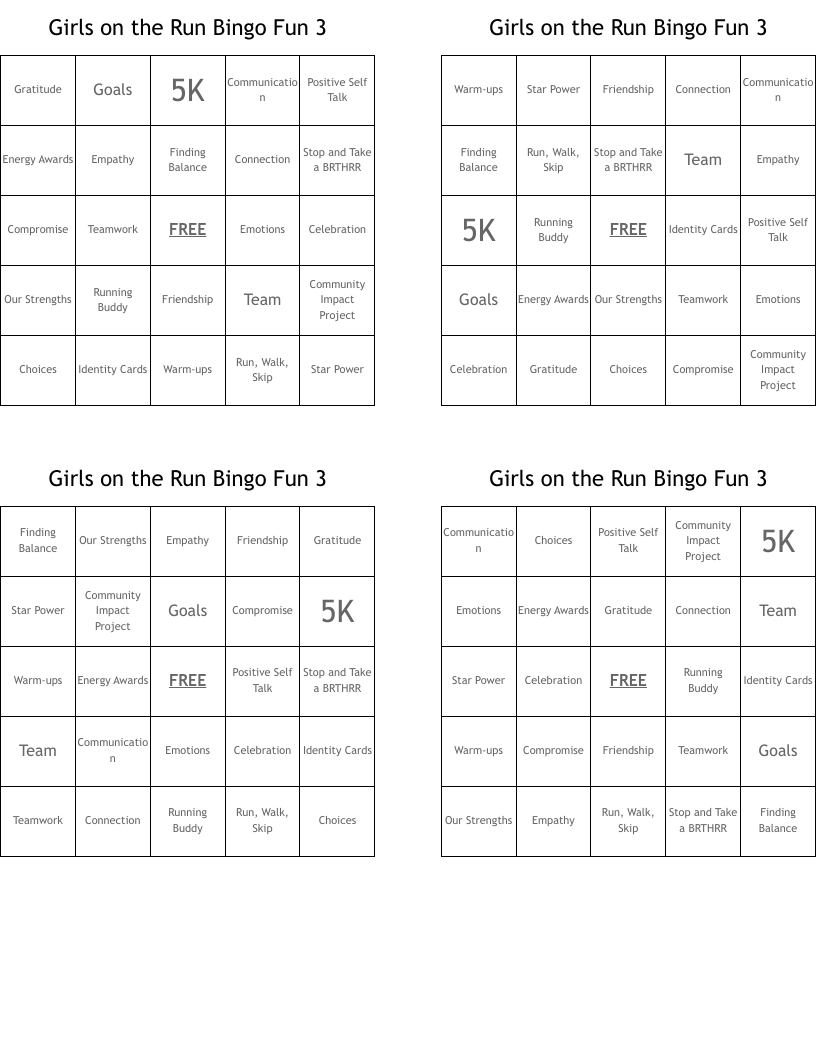 Girls on the Run Bingo Fun 3