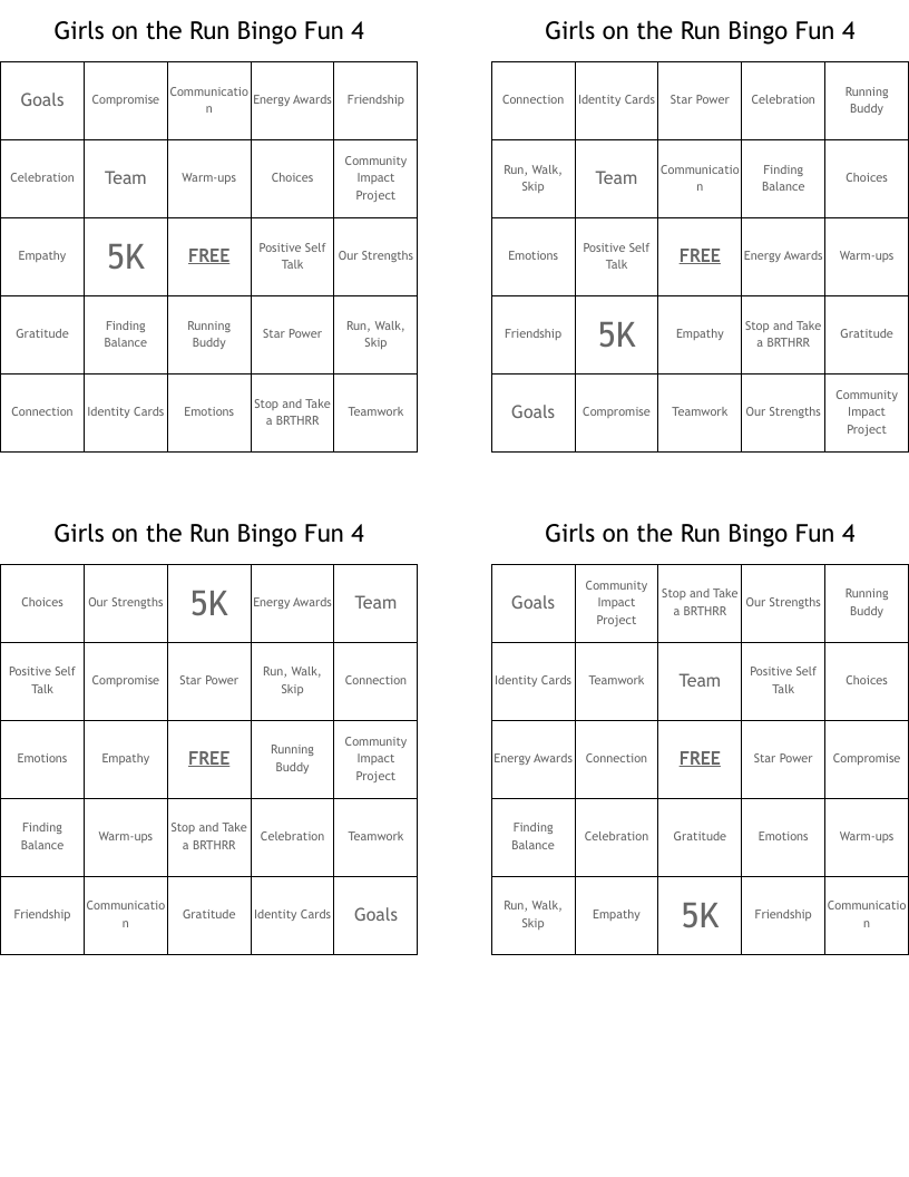 Girls on the Run Bingo Fun 4