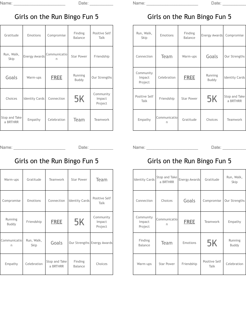 Girls on the Run Bingo Fun 5