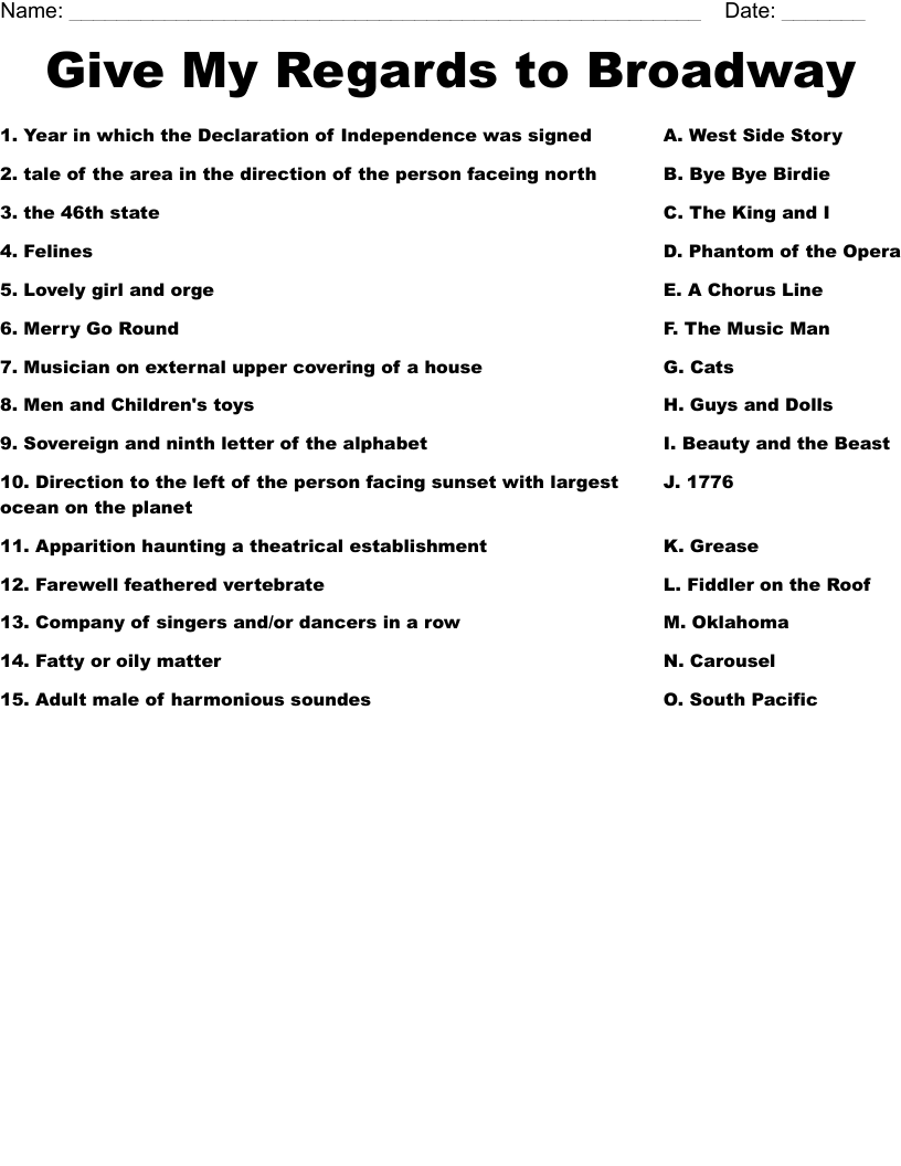 Give My Regards to Broadway Worksheet