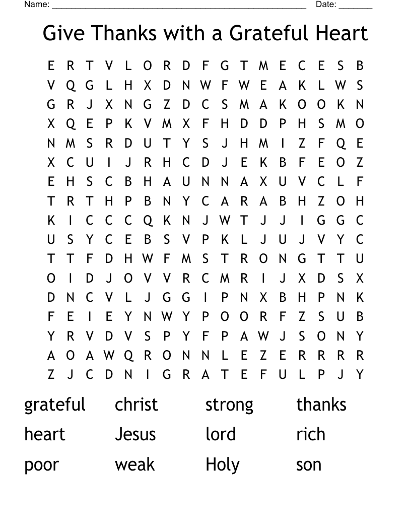 Give Thanks with a Grateful Heart Word Search
