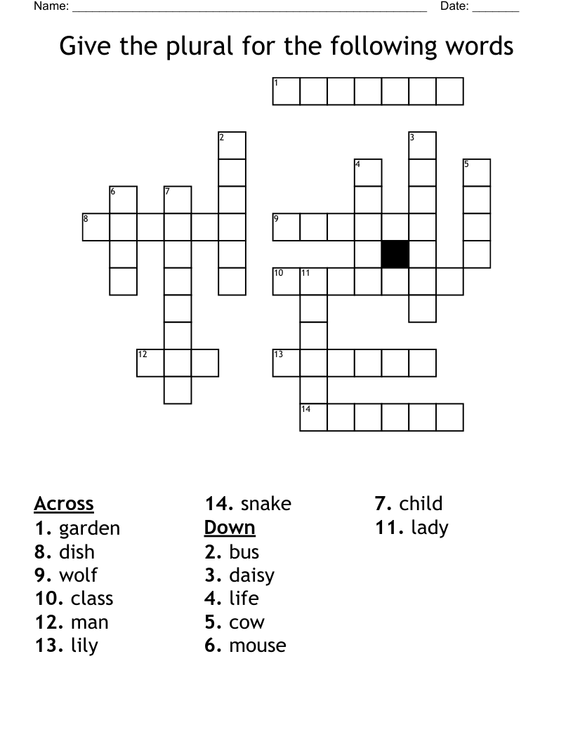 Give the plural for the following words Crossword