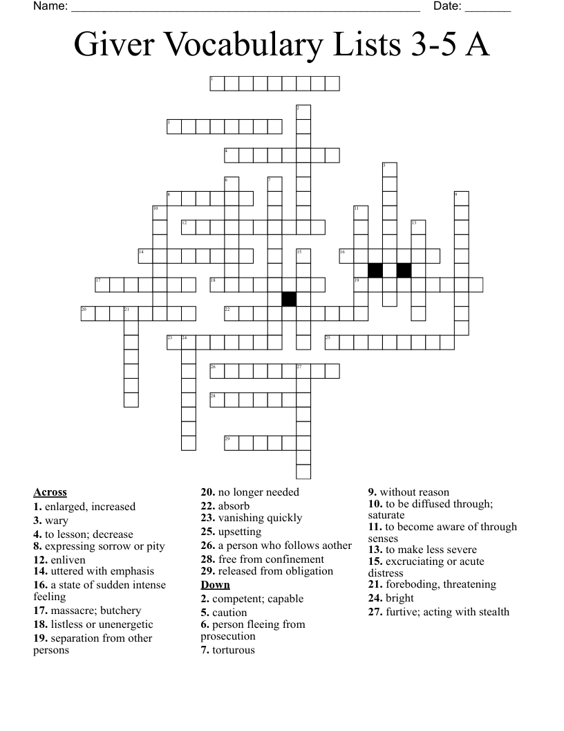 Giver Vocabulary Lists 3-5 A Crossword