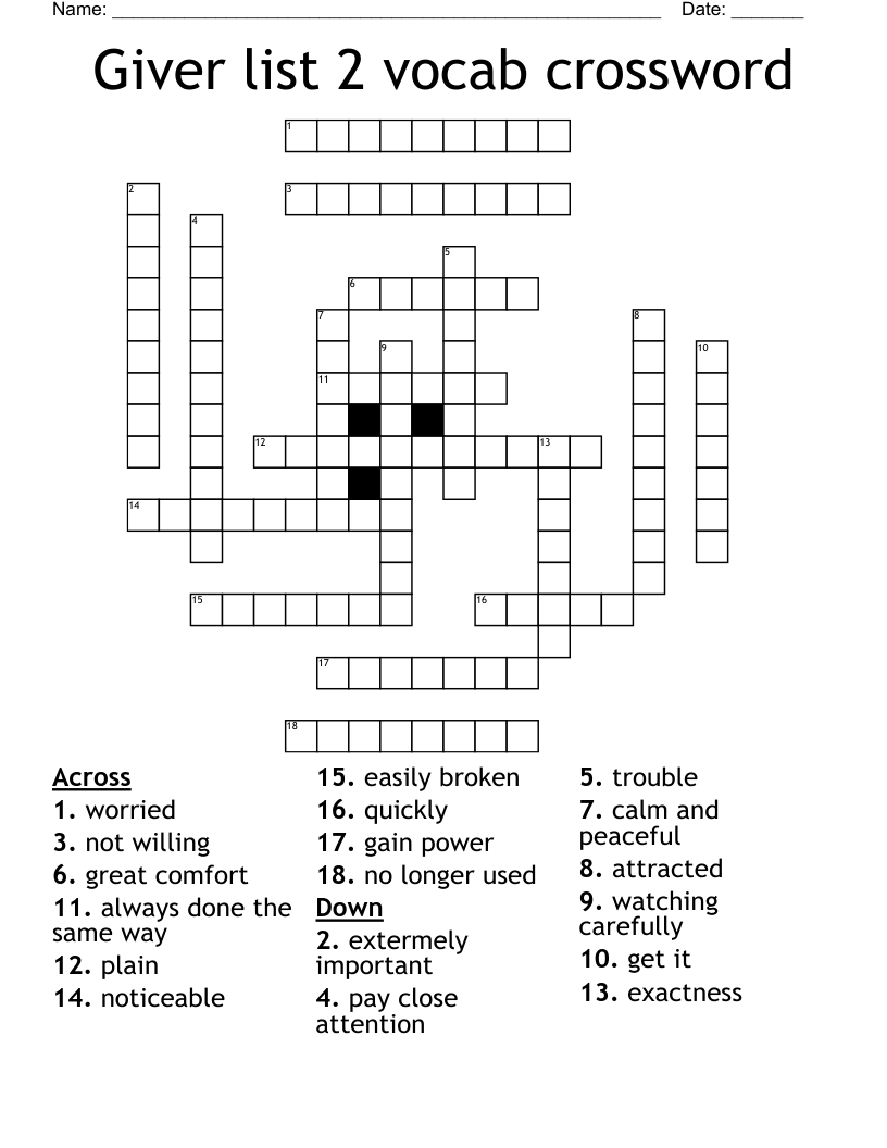 Giver list 2 vocab crossword