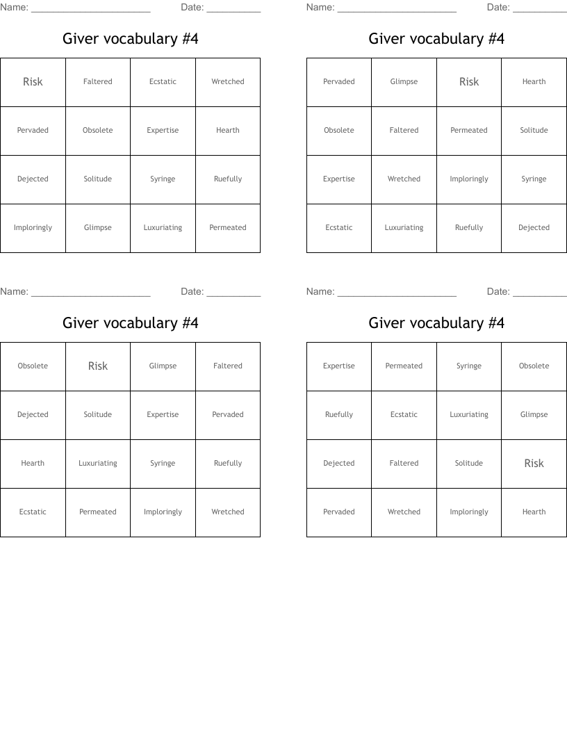 Giver vocabulary #4 Bingo Cards