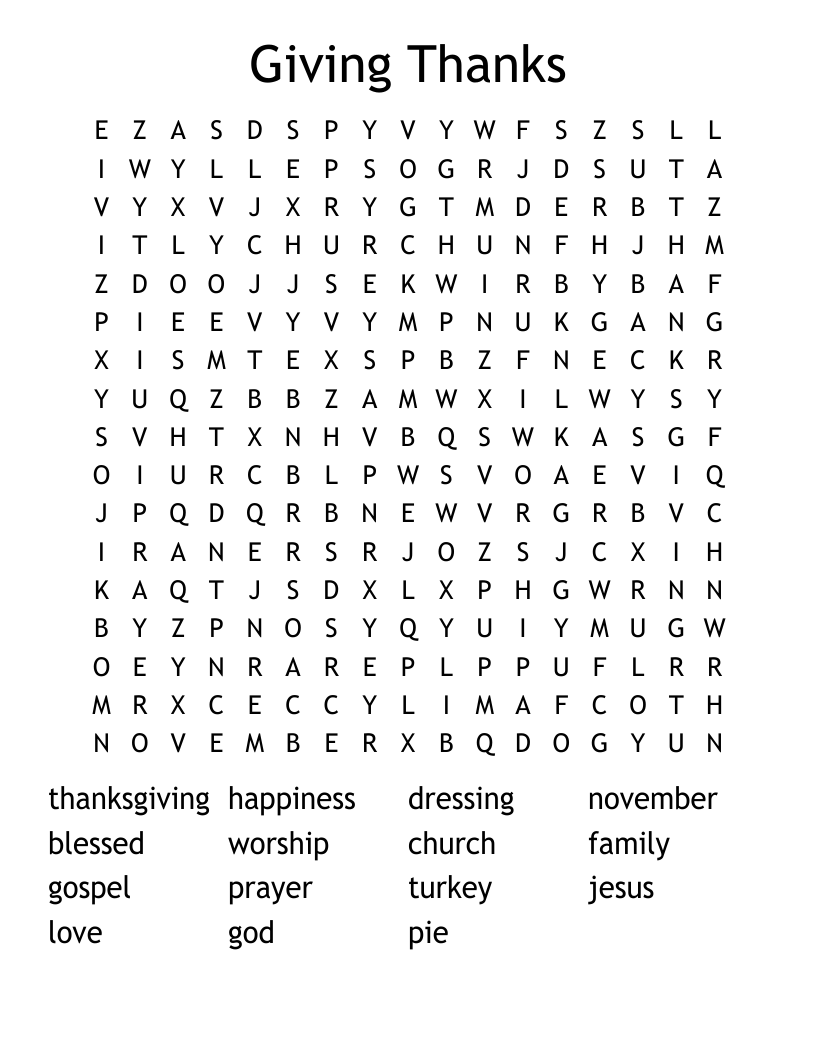 Giving Thanks Word Search
